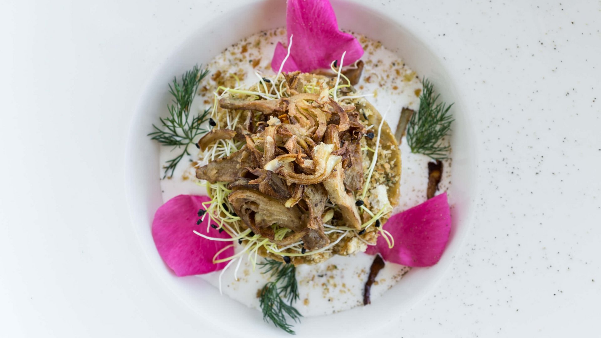 Vacanze Bike ad Assisi unico Italy bike hotels in Umbria piatto gourmet con funghi, germogli e petali di rosa su crema bianca