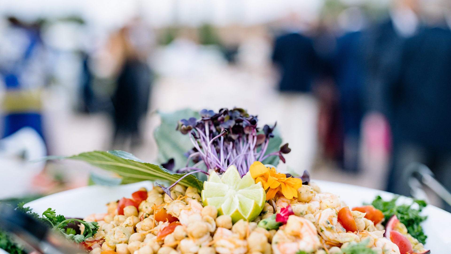 Cena Sotto le Stelle Insalata di gamberi con lime e verdure fresche su piatto bianco