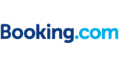 Die Mission des Valle di Assisi Booking.com-Logo mit blauem und hellem blauem Text